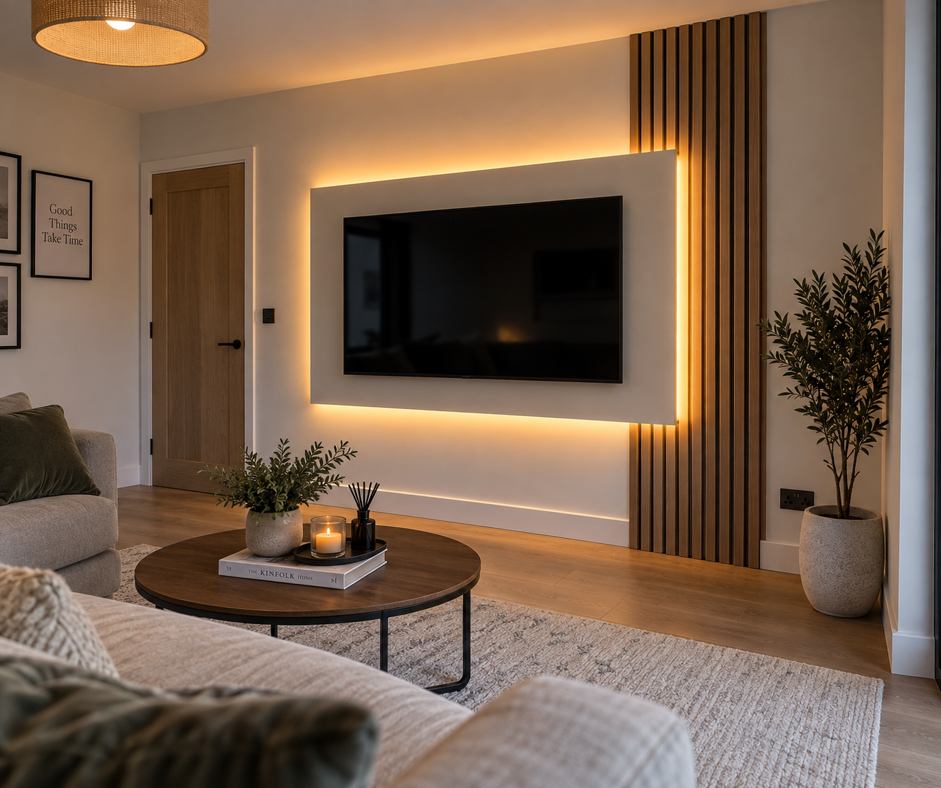 Media Walls Cork standard media wall showing floating TV panel, hidden cables and premium slatted oak panel