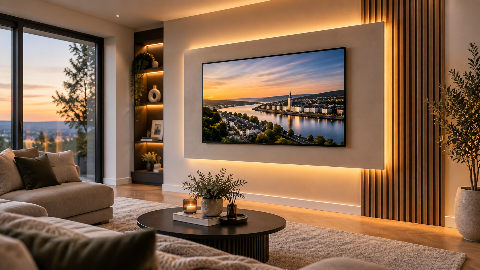 Media Walls Cork — Modern media wall with warm LED backlighting and oak acoustic slats