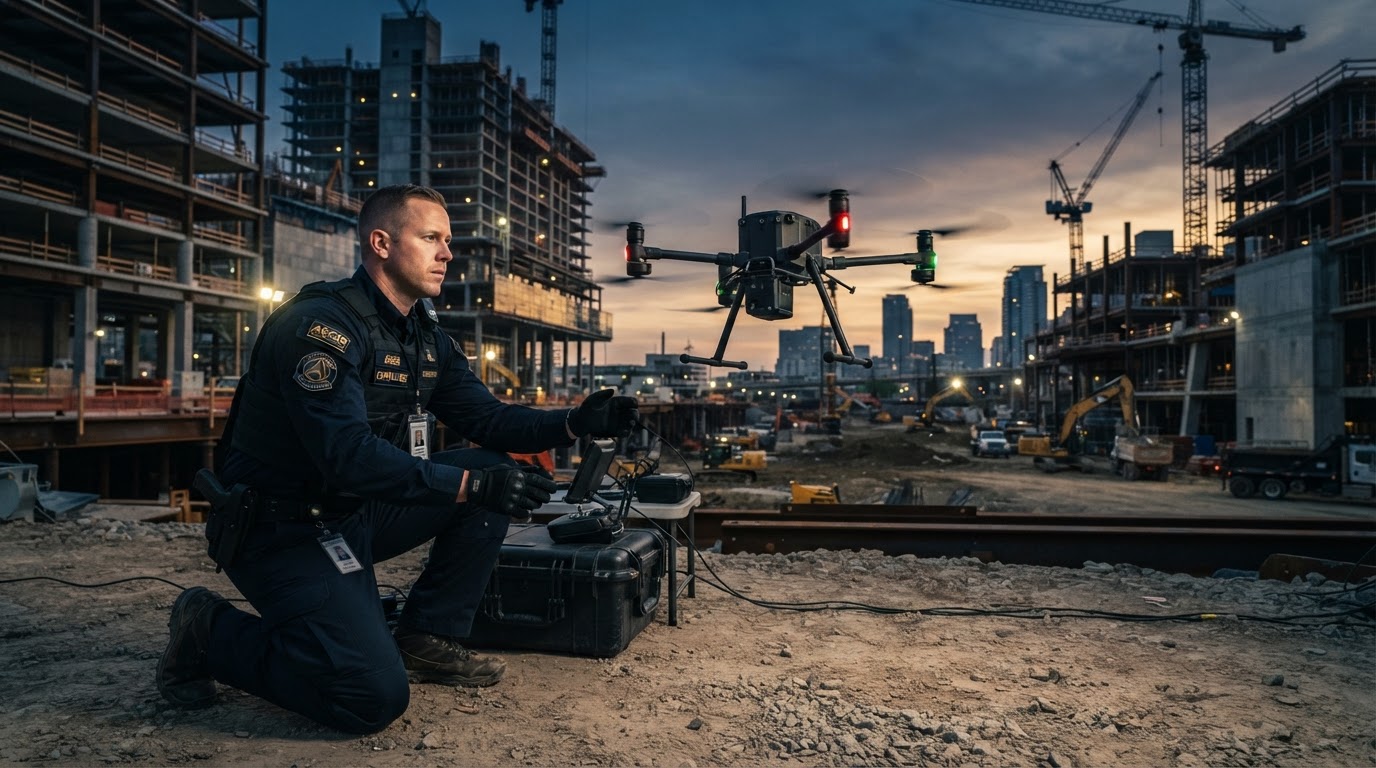 Professional drone operator launching a quadcopter at a construction site at dawn