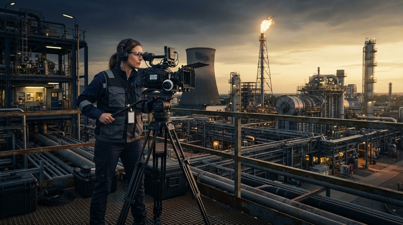 Professional camera operator filming at an industrial facility