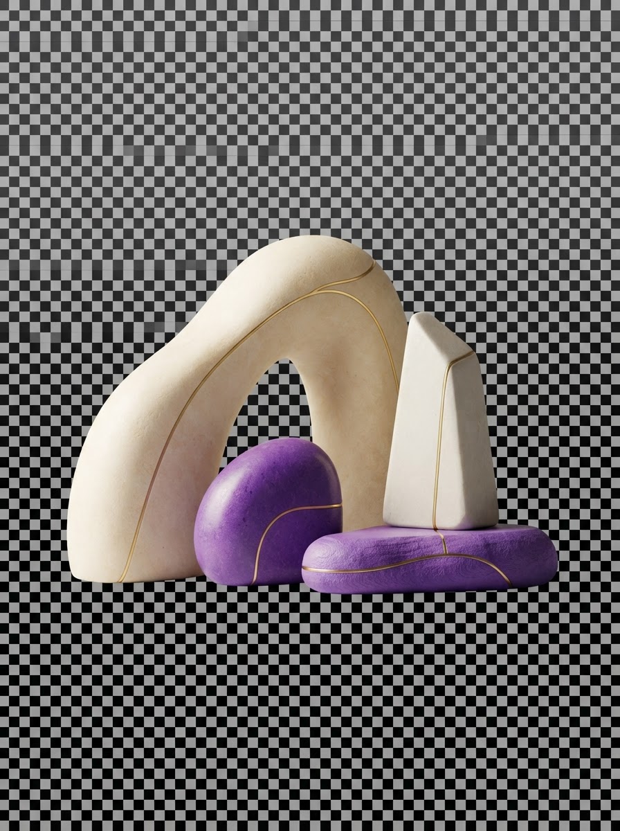 A calm architectural still life of smooth sculptural stone-like forms with a thin gold line accent — a serene, premium composition representing a space created for reconnection.