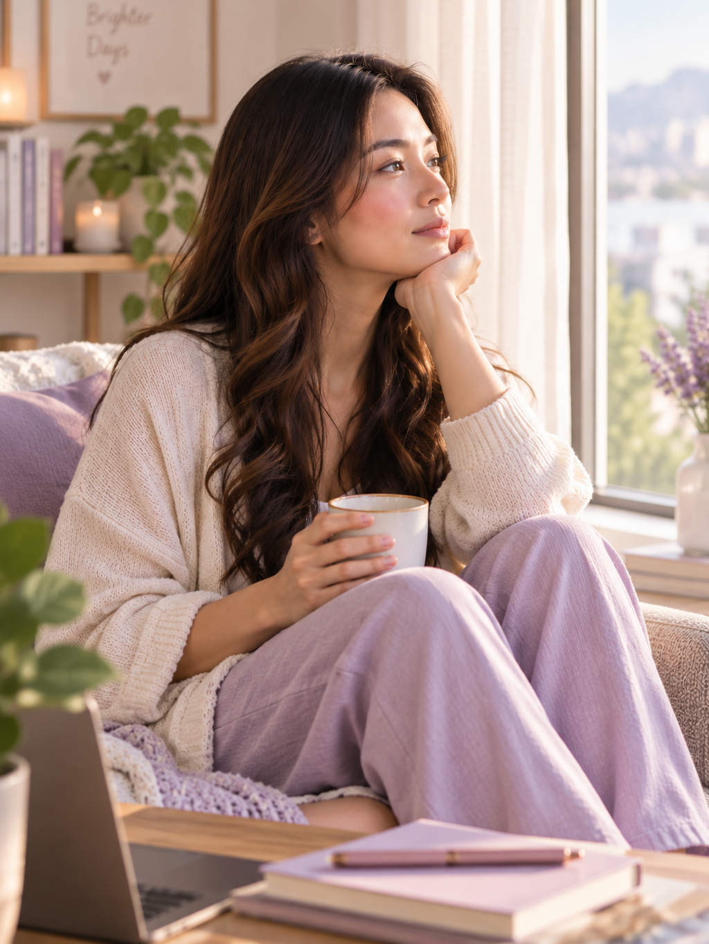 Woman sitting comfortably by a sunlit window with a warm drink, taking a quiet moment of calm and reflection.