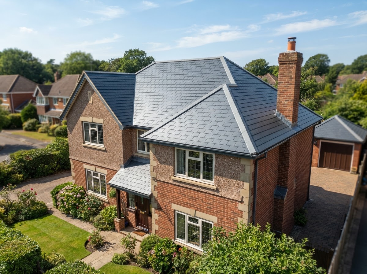 New slate roof with neat ridge line and leadwork completed by Lakeview Home Improvements