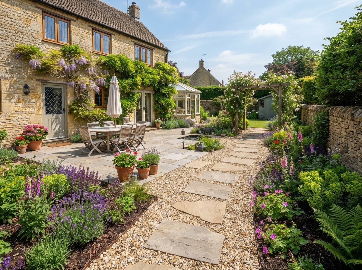 Newly landscaped garden with sandstone patio, stepping stones and planted borders by Lakeview Home Improvements