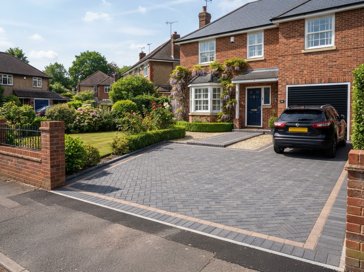 Newly laid block paving driveway with clean crisp edges by Lakeview Home Improvements
