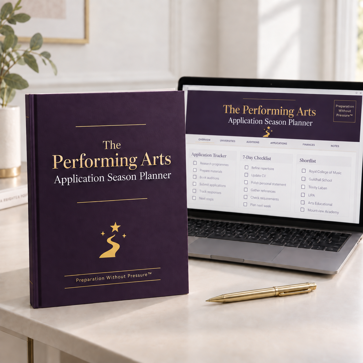The Performing Arts Application Season Planner product bundle showing the physical planner and laptop dashboard