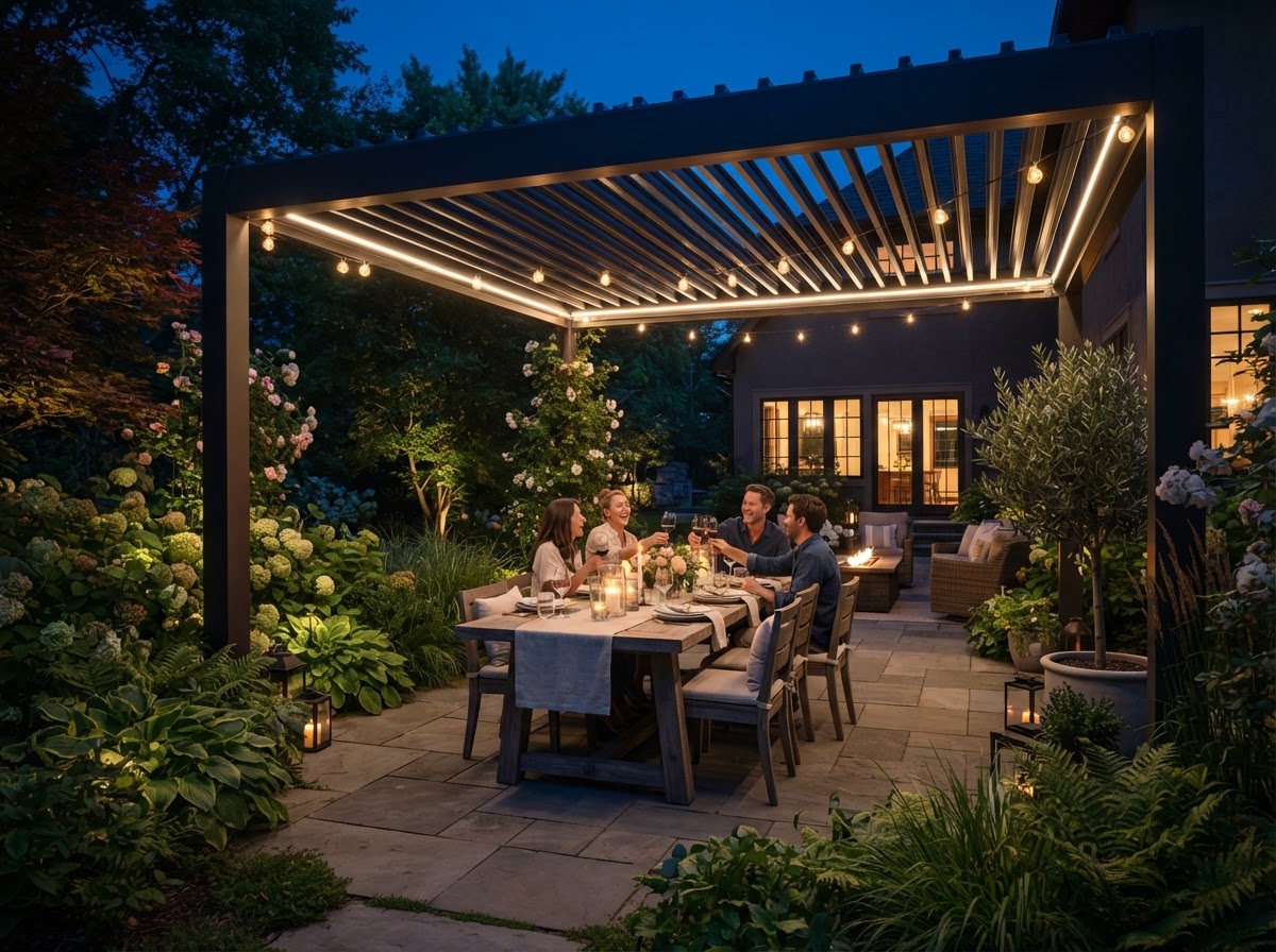 Louvered pergola over an outdoor dining area in the evening