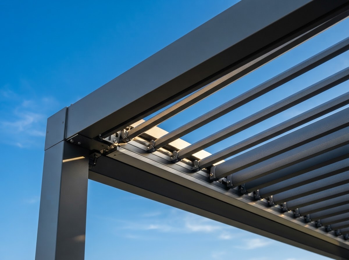 Close-up of angled aluminum louver blades against blue sky