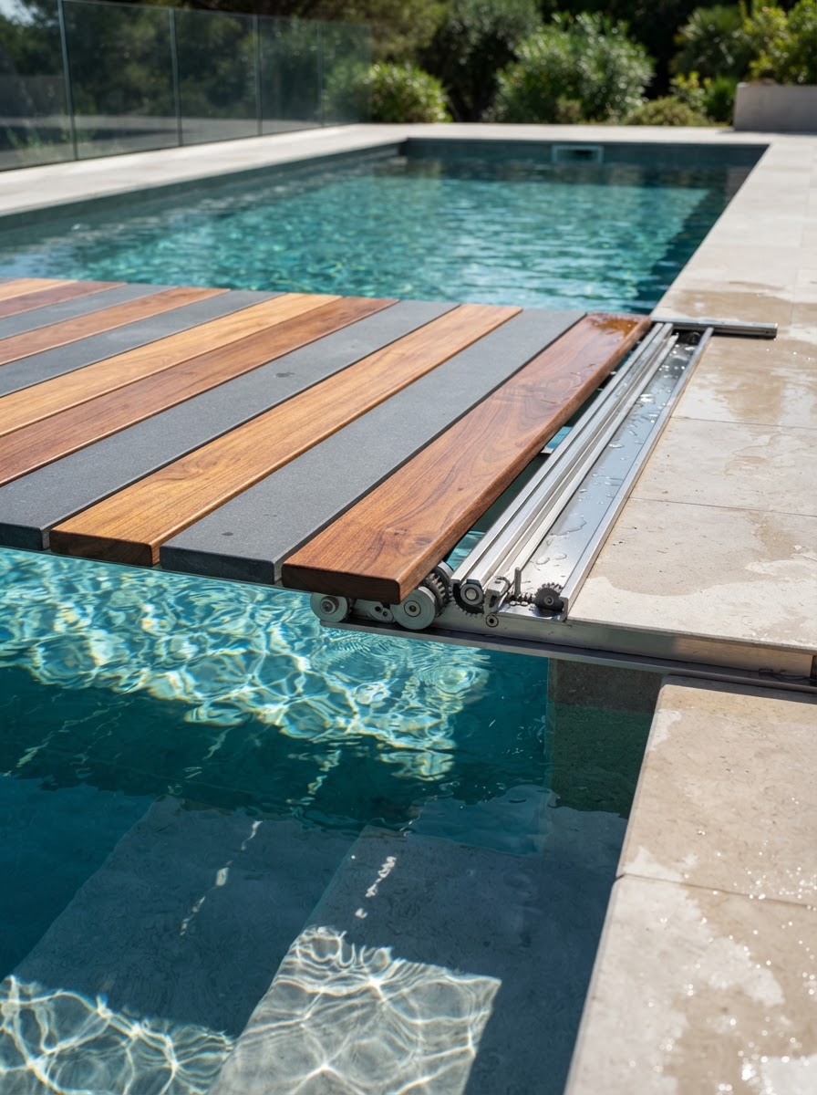 Close-up of sliding deck pool cover slats gliding over clear water