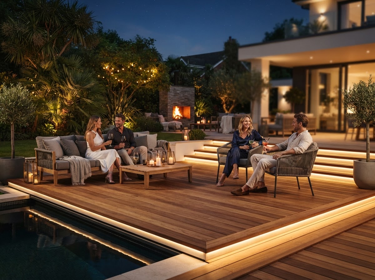 Sliding deck pool cover closed into a usable evening terrace with integrated lighting