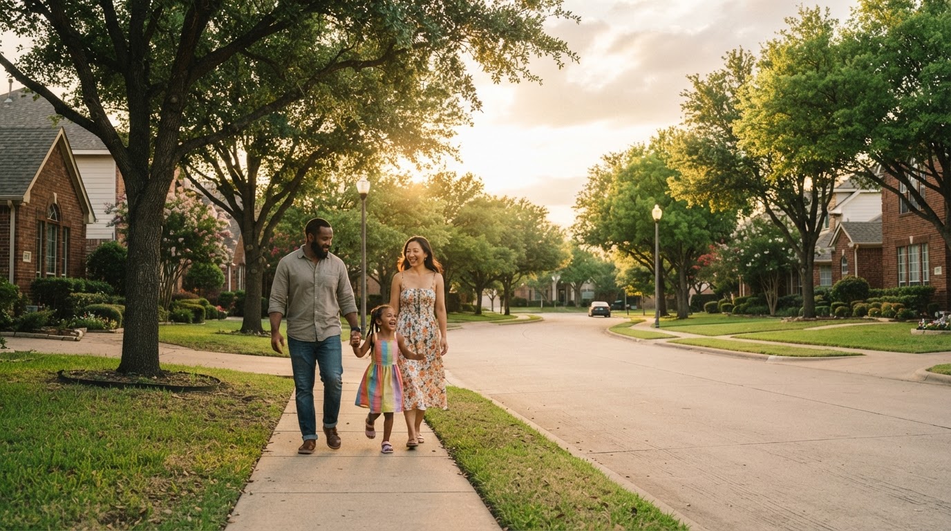 A diverse young couple and child walking through a bright suburban neighborhood