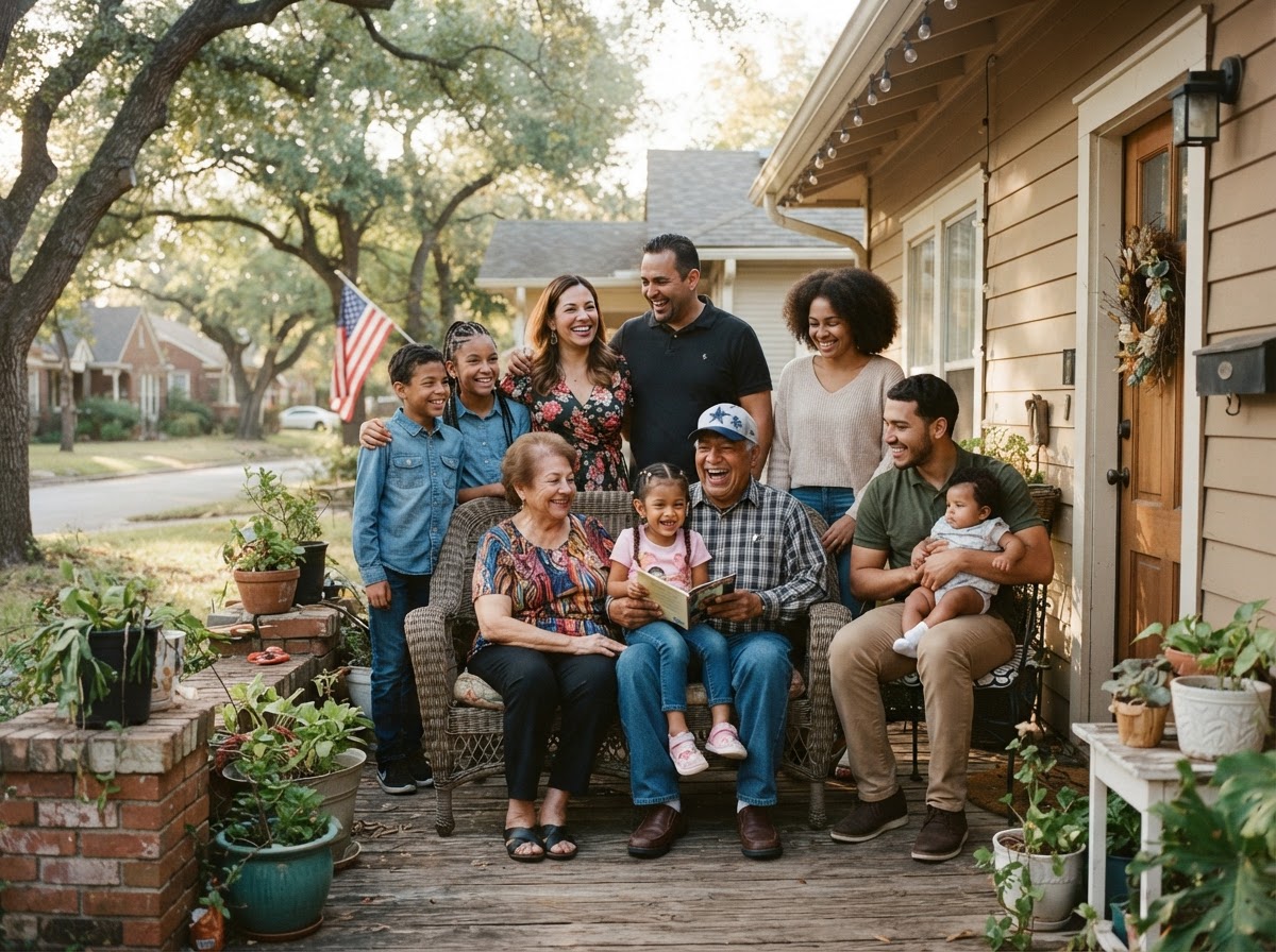 A diverse multigenerational family on the porch of their home