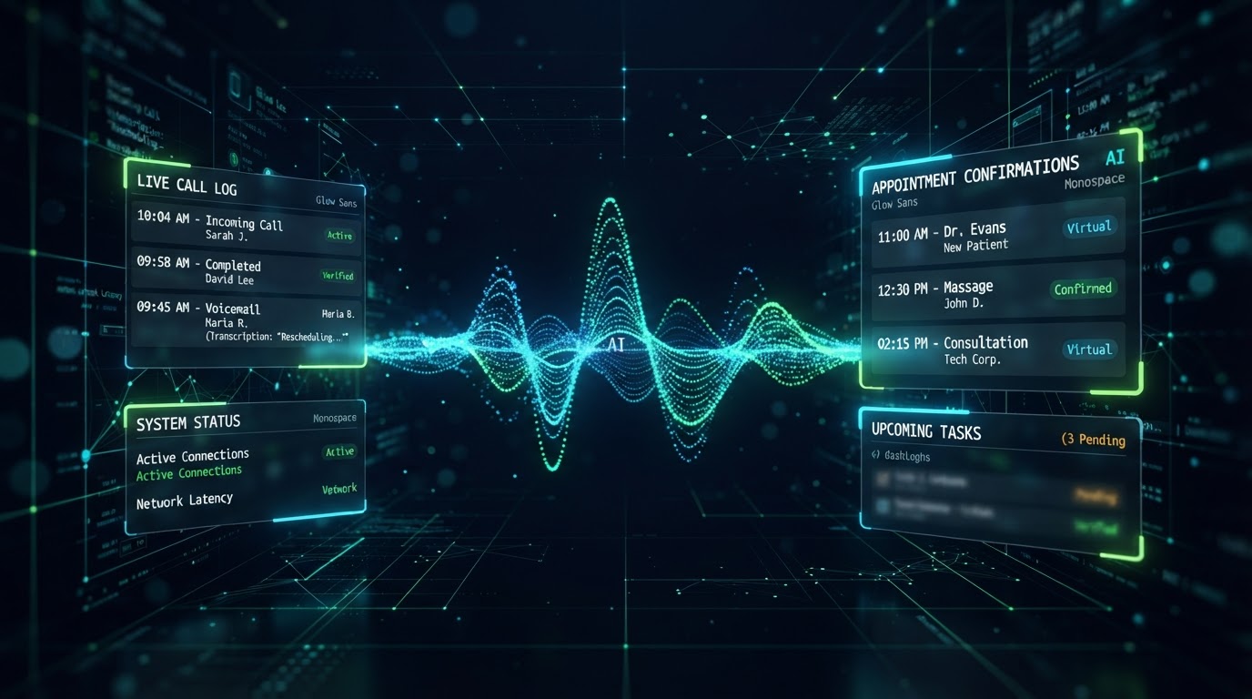 AI voice assistant dashboard with glowing call logs and appointment bookings