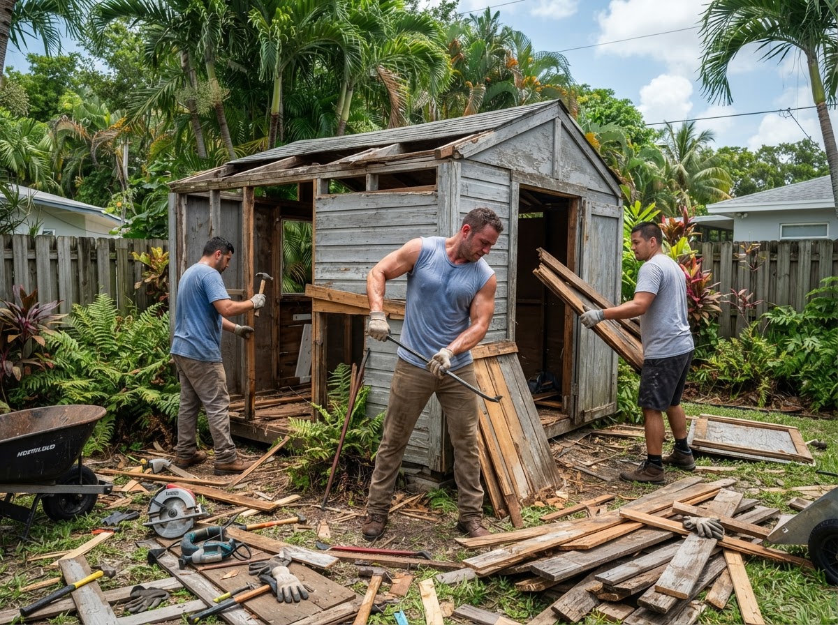 Junk removal crew dismantling an old wooden backyard shed in Coconut Creek FL