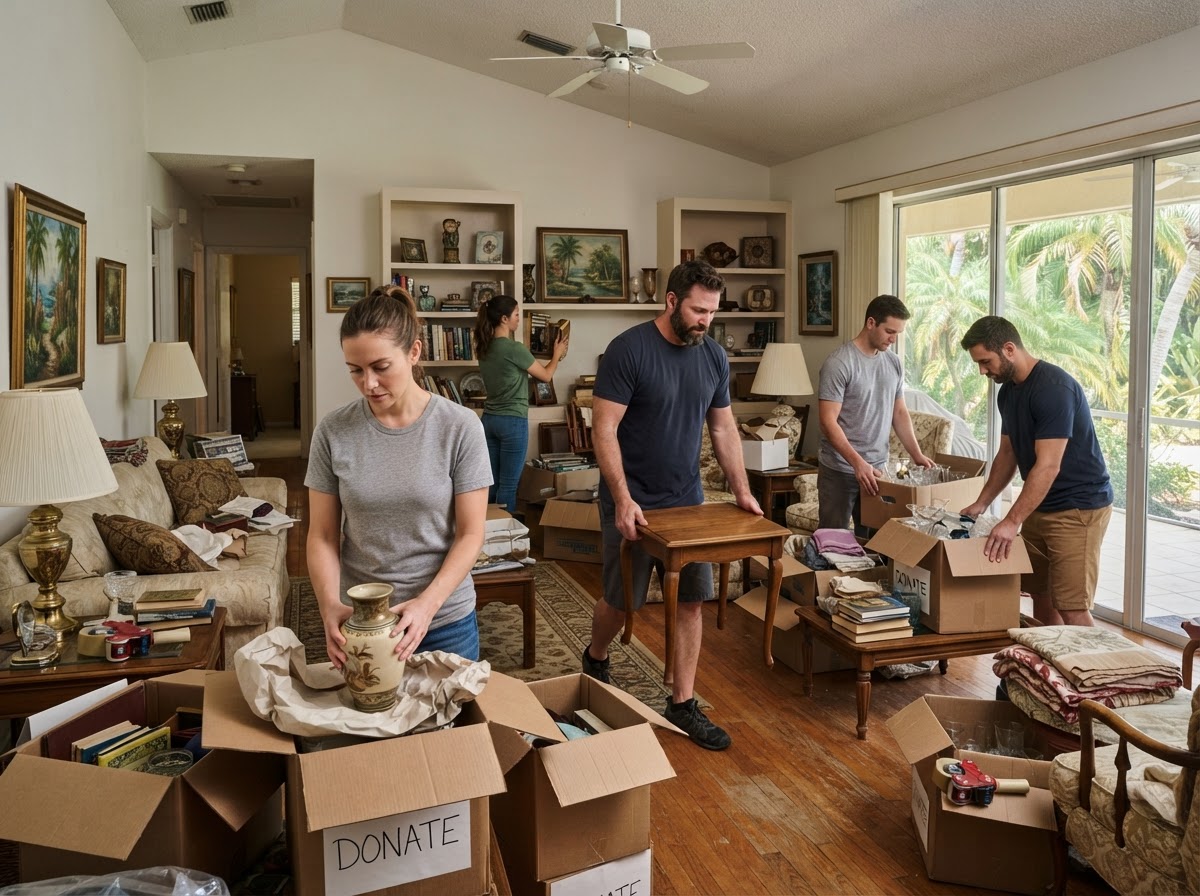 Estate cleanout crew sorting furniture and household items in a Coconut Creek FL home