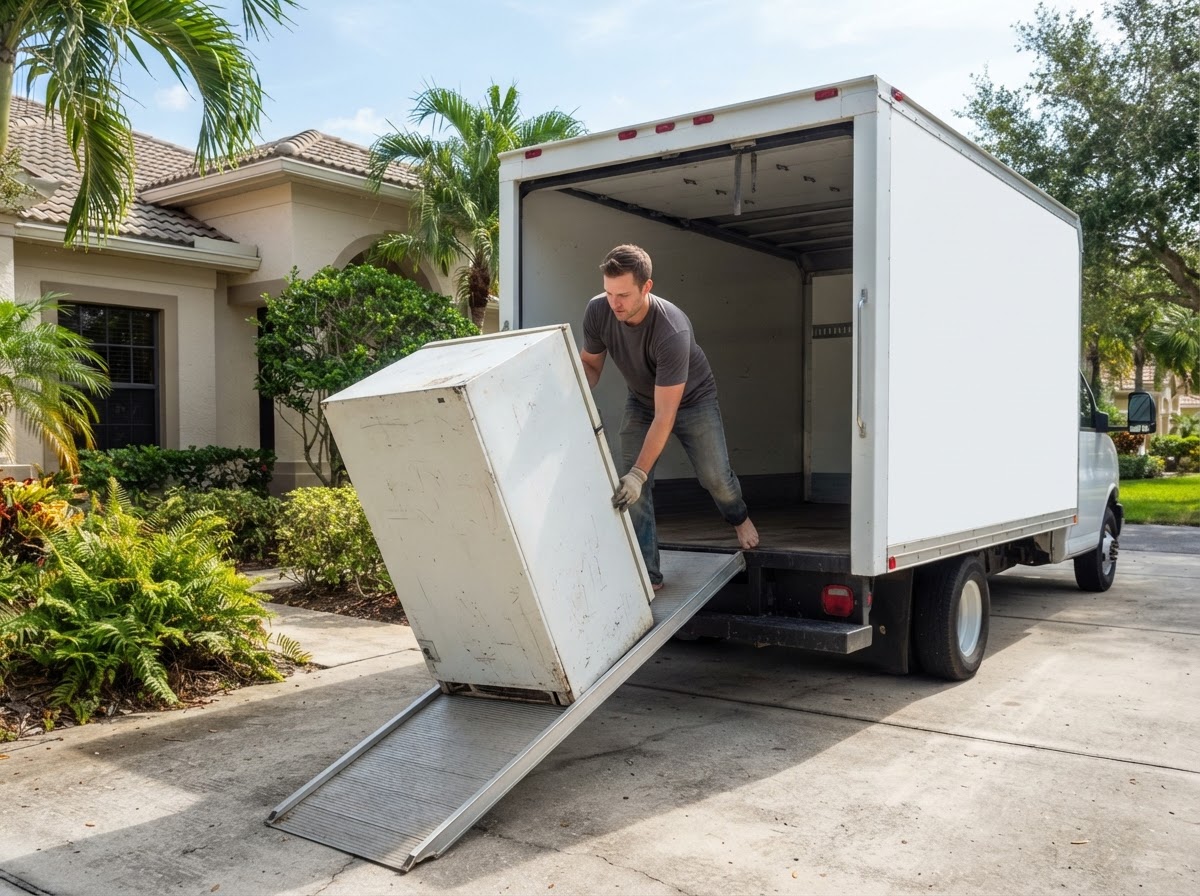 Junk removal worker loading an old refrigerator into a truck in Coconut Creek FL
