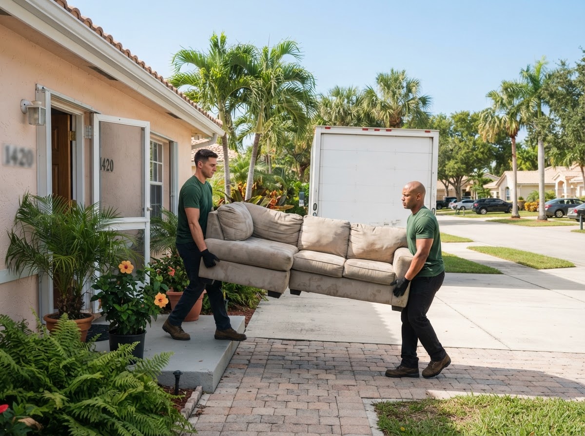 Coconut Creek junk removal crew carrying an old sectional couch out of a Florida home