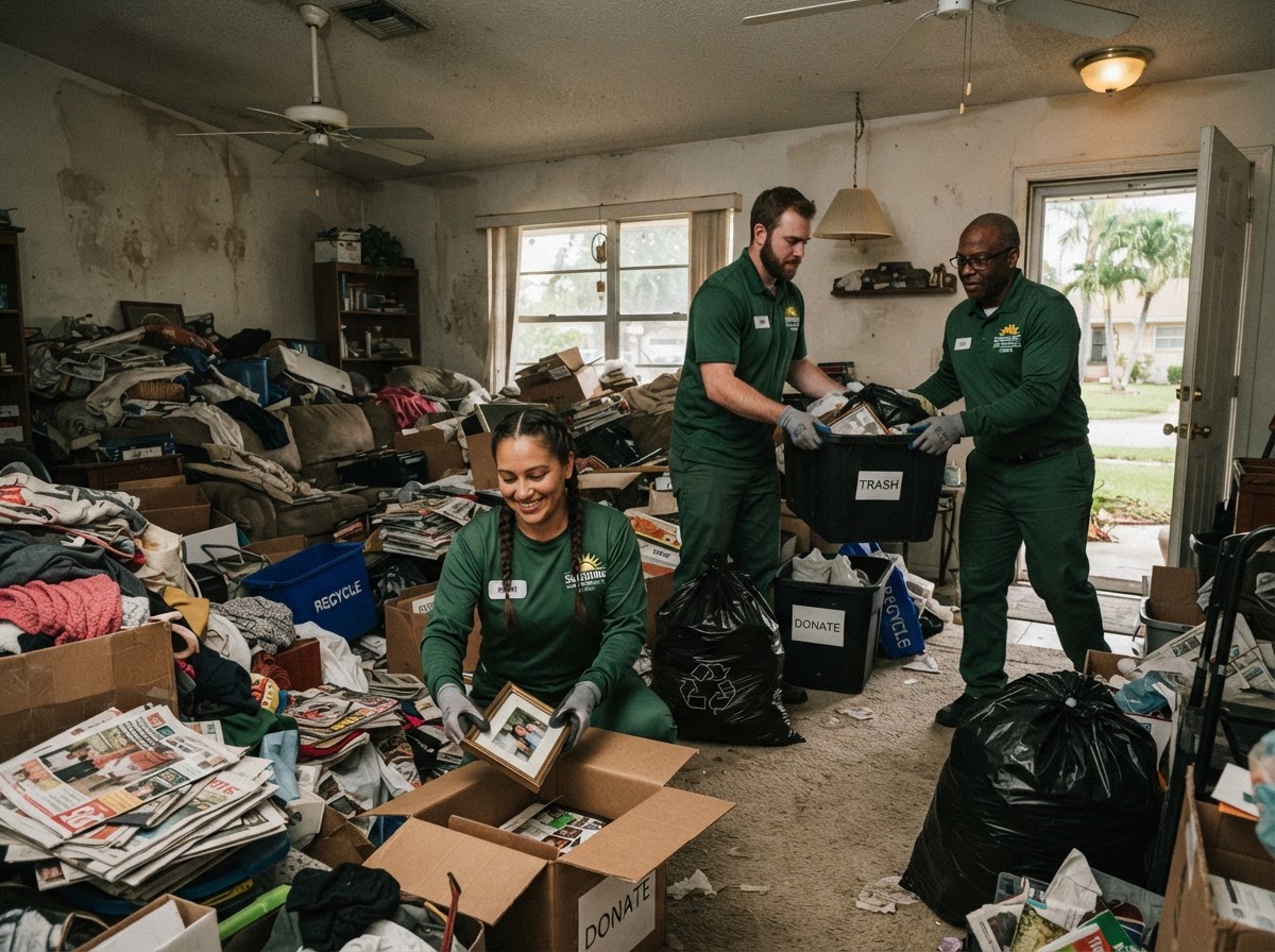 Compassionate junk removal crew clearing a severely cluttered hoarder home in Coconut Creek FL