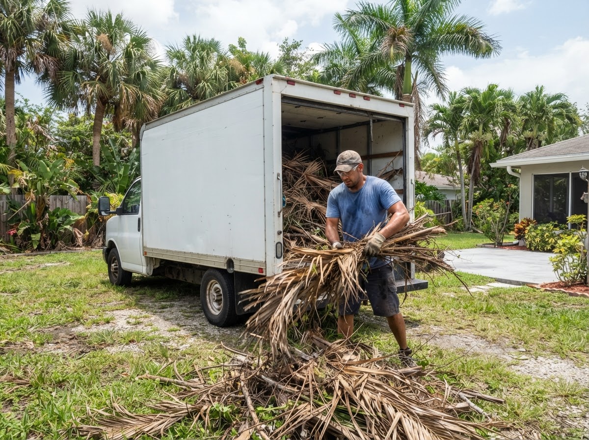 Worker loading storm debris and palm fronds into a truck in a Coconut Creek FL backyard