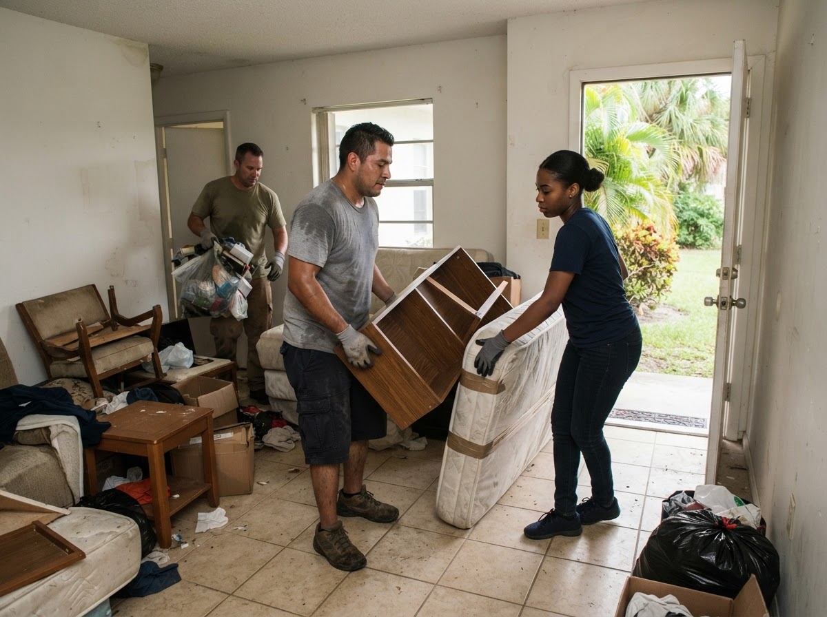Junk removal crew clearing abandoned tenant belongings after an eviction in Coconut Creek FL