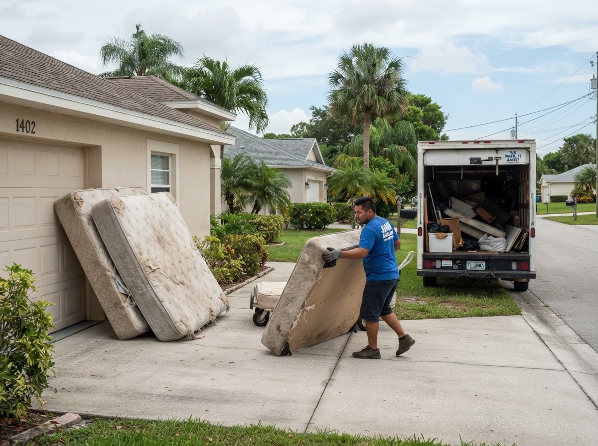 Old mattress and box spring being hauled away for disposal in Coconut Creek FL