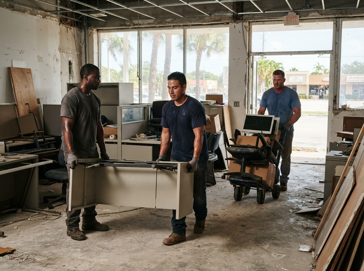 Junk removal crew clearing office furniture and renovation debris from a commercial space in Coconut Creek FL