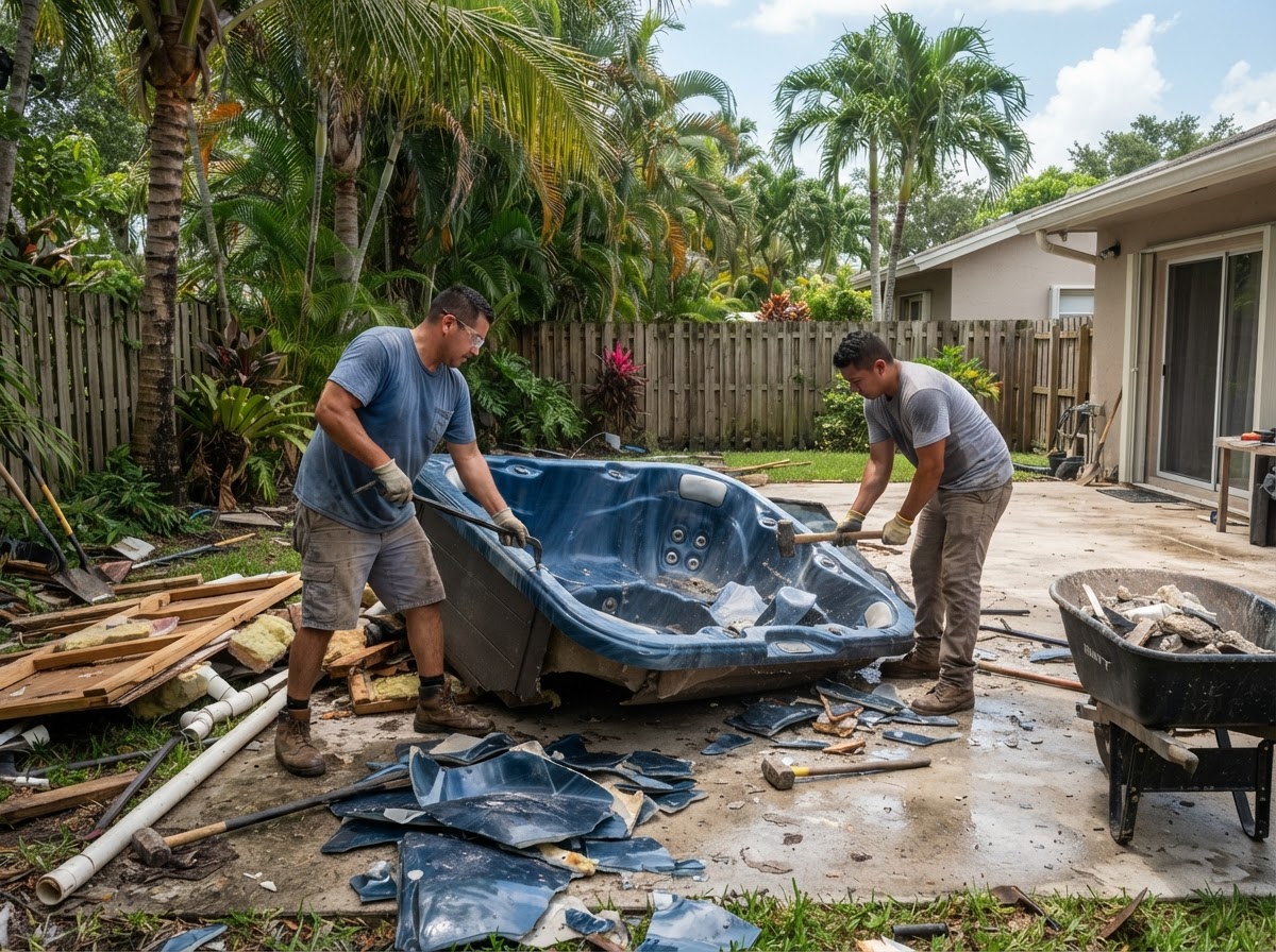 Workers demolishing and removing an old broken hot tub from a Coconut Creek FL backyard