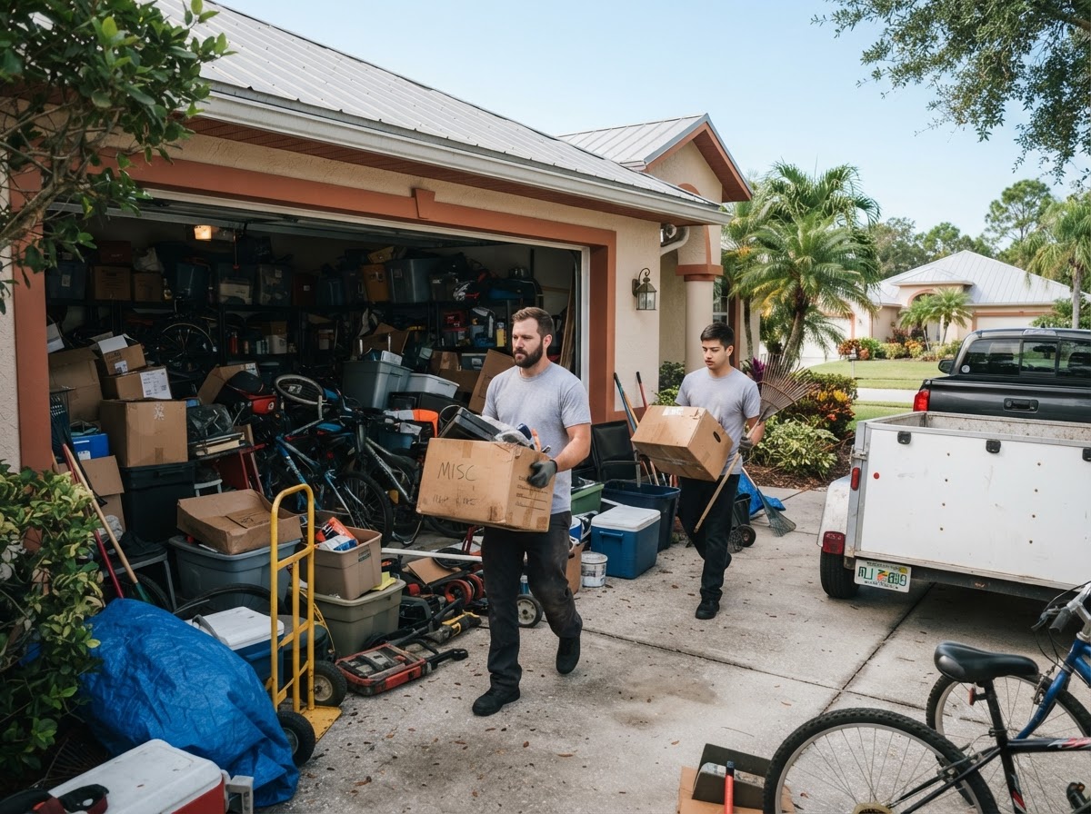 Cluttered garage being cleared out by junk removal crew in Coconut Creek FL