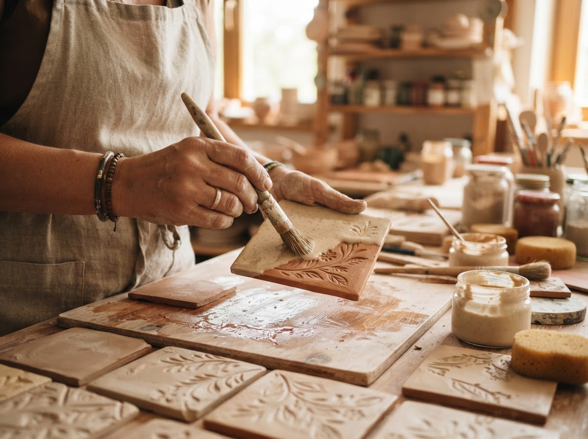 Artisan hands glazing handmade clay ceramic tiles in a workshop