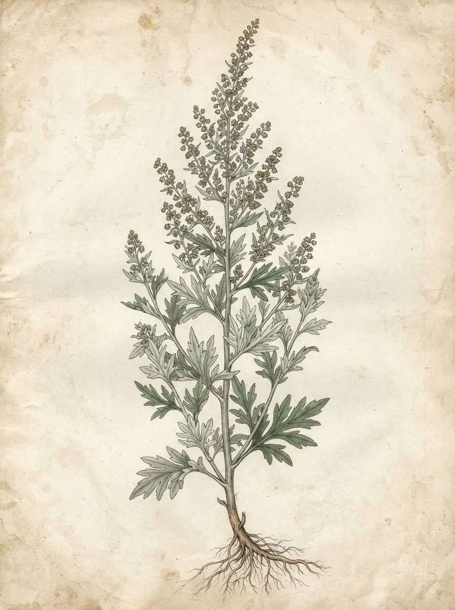Botanische Herbarium-Illustration von Beifuß (Artemisia vulgaris) — die ganze Pflanze