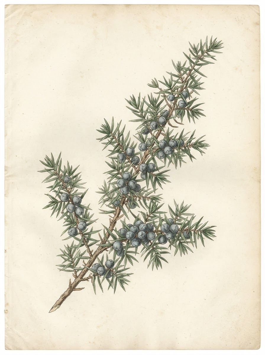 Botanische Herbarium-Illustration von Wacholder (Juniperus communis) — der ganze Strauch