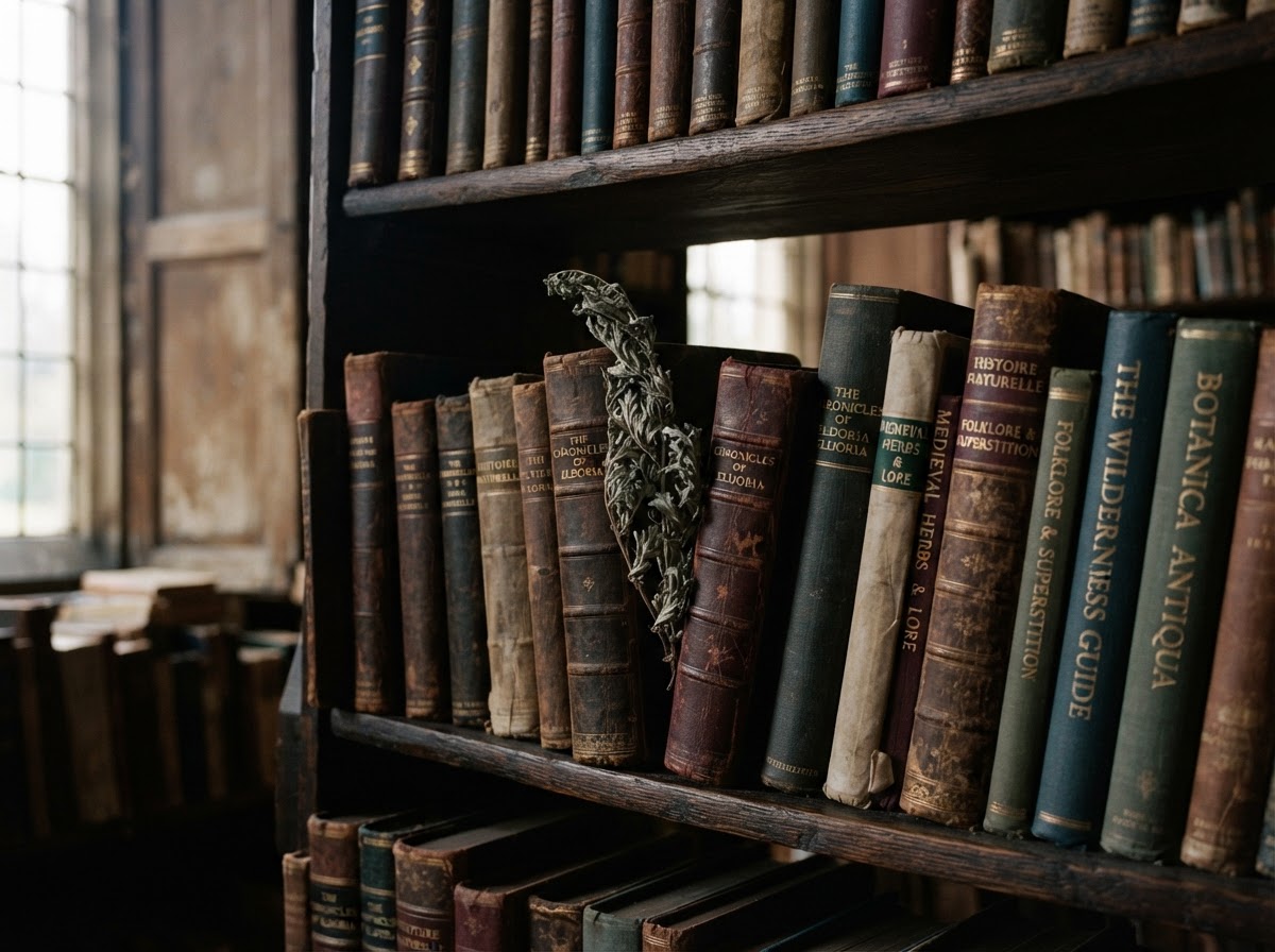 Altes Bücherregal mit verblassten Einbänden