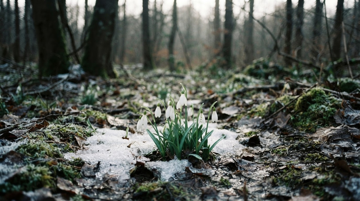 Erste Schneeglöckchen im Schnee — die Rückkehr des Lichts