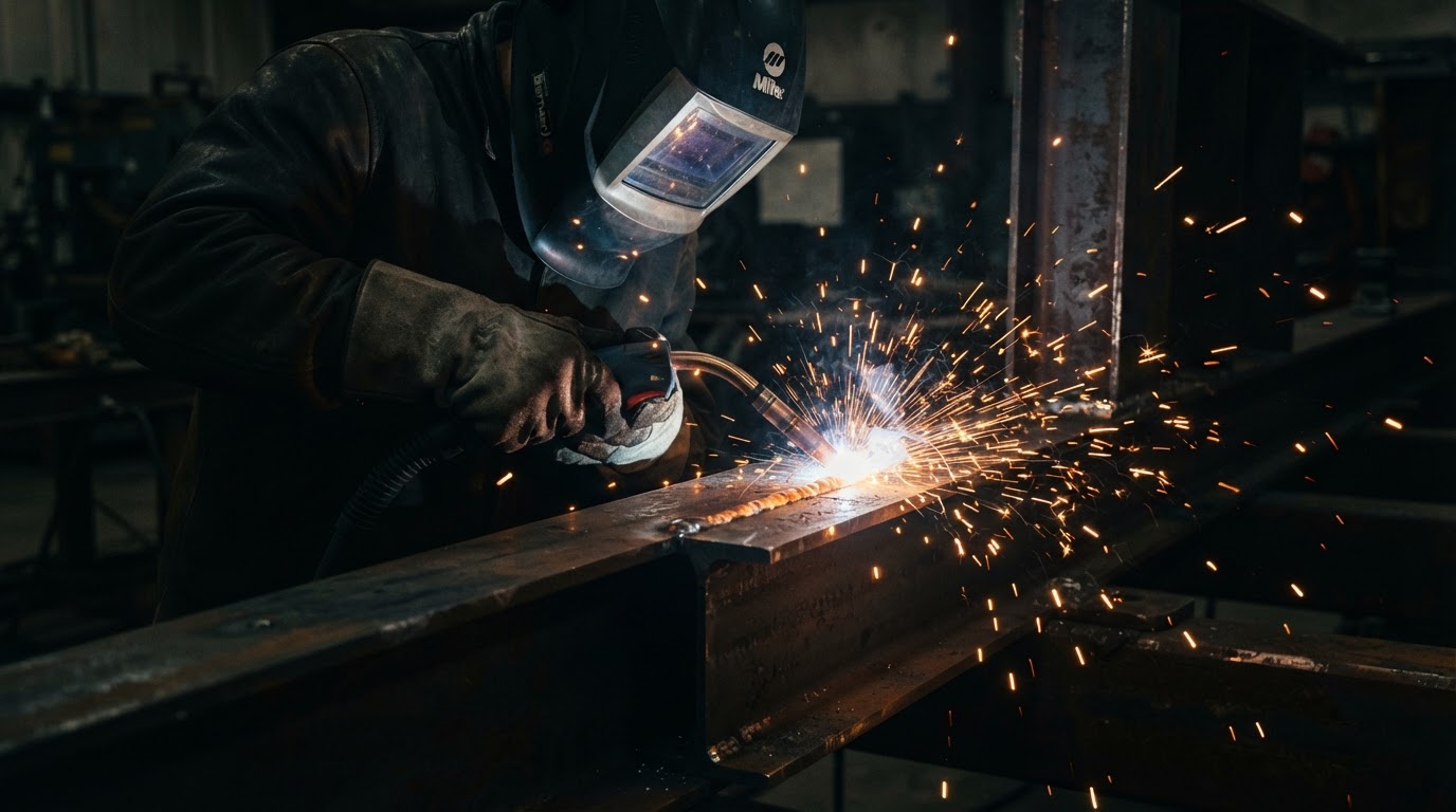 Industrial welding with sparks flying in a fabrication workshop