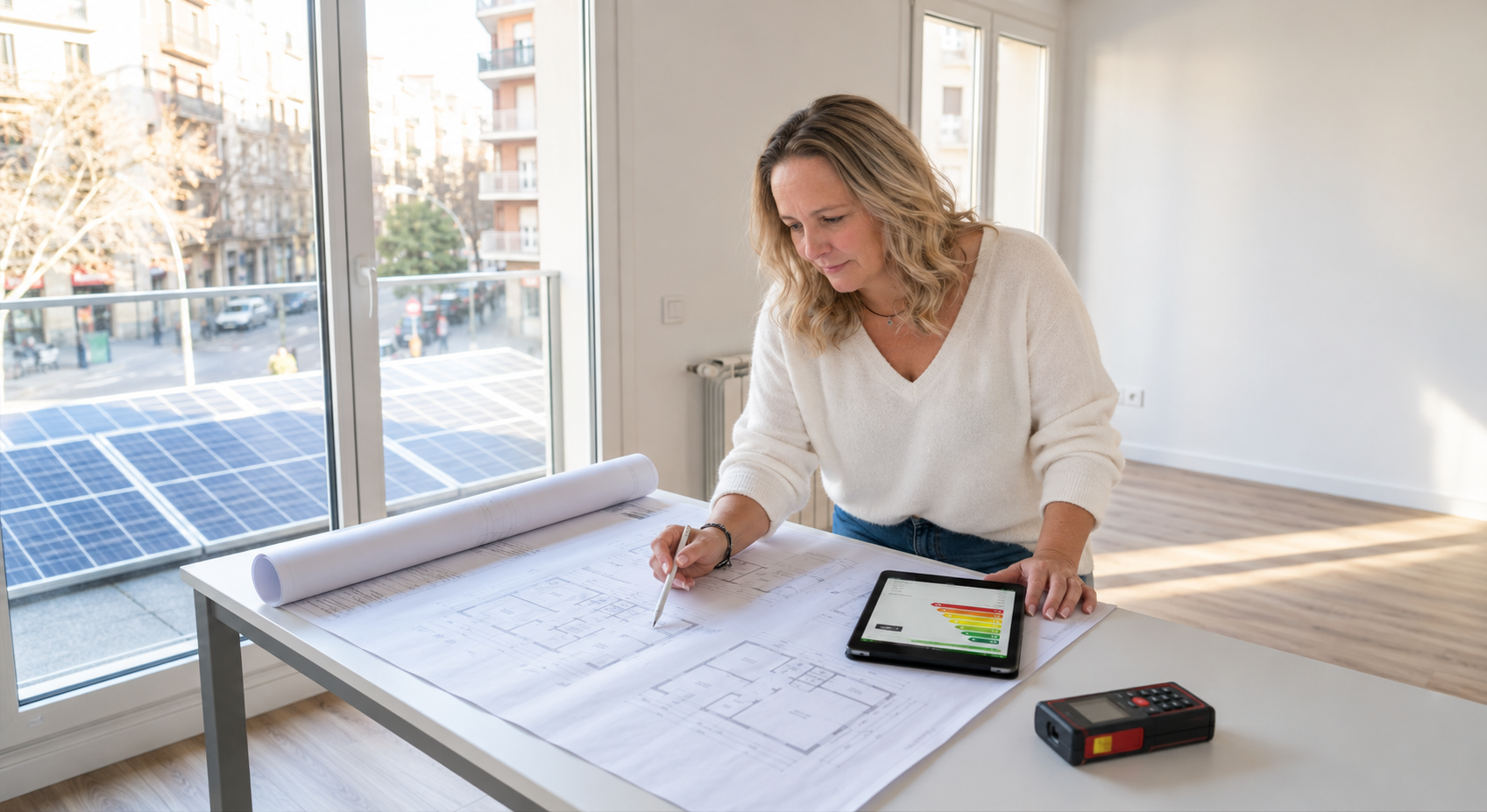 Sonja Hils am Arbeitstisch mit Bauplan, Tablet und Distanzmesser