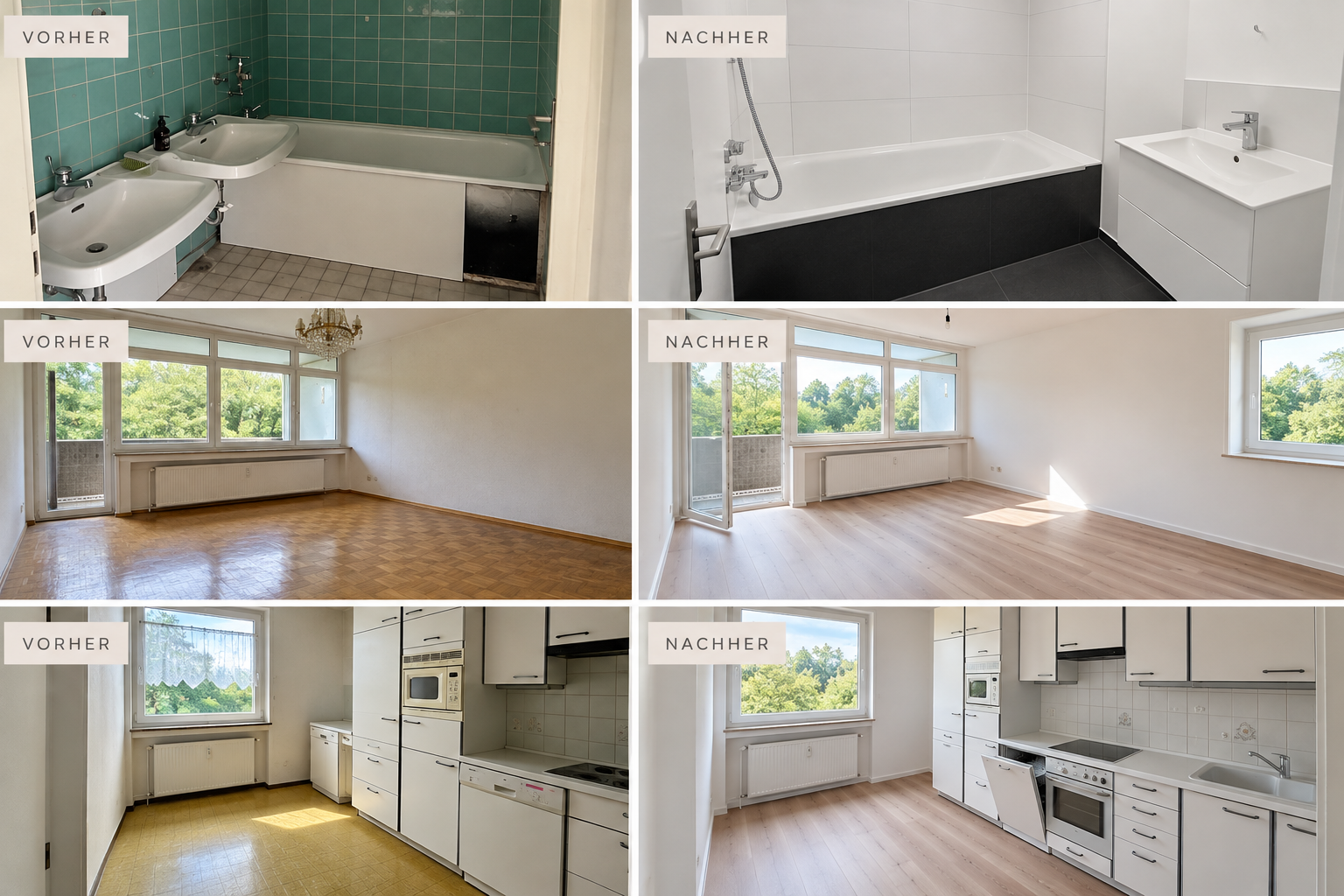 Vorher-Nachher-Vergleich Sanierung: Bad, Wohnzimmer und Küche