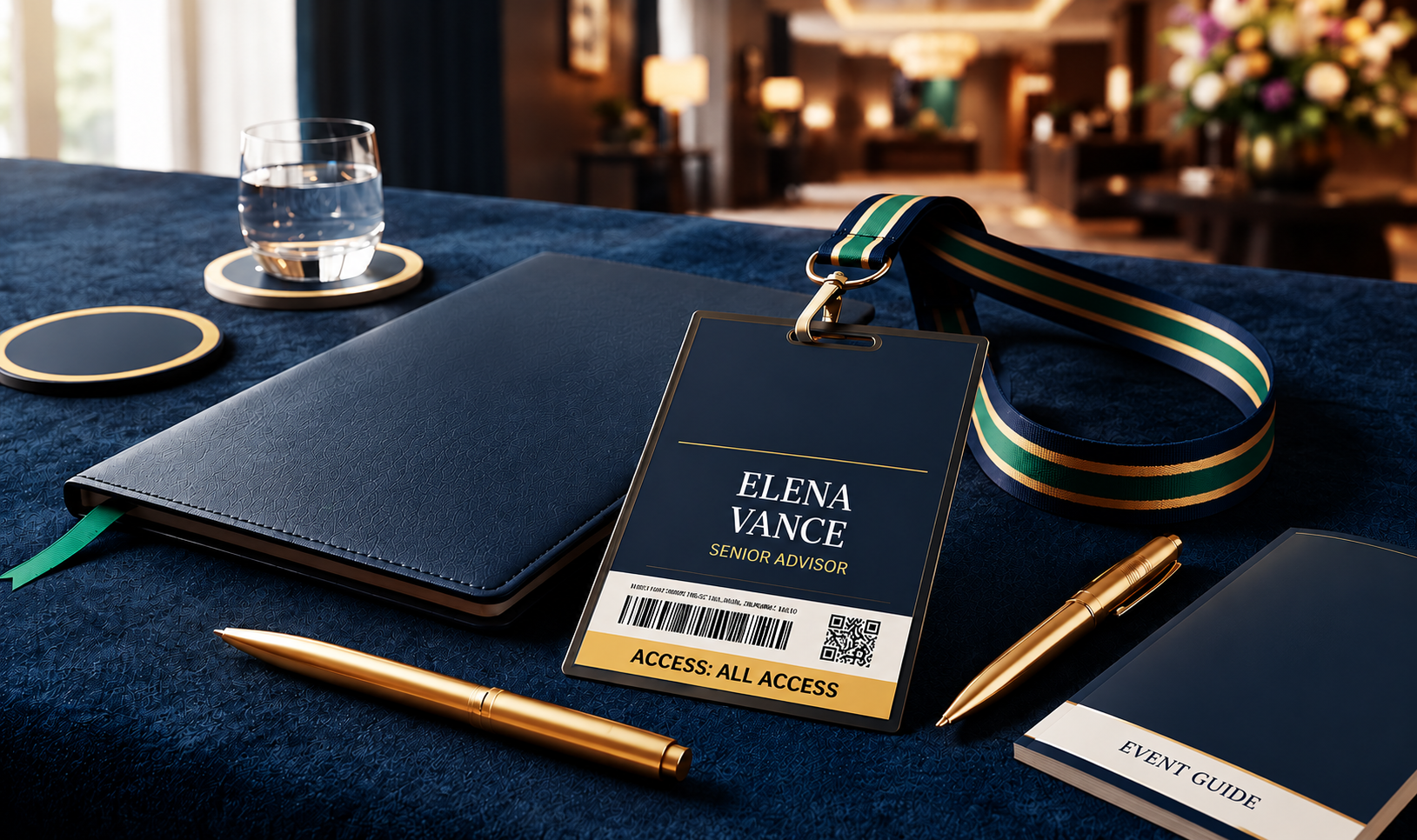 Conference pass materials, notebook and lanyard