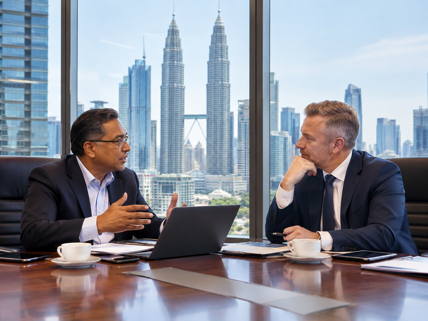 Executive board leaders discussing corporate governance with Petronas Twin Towers backdrop