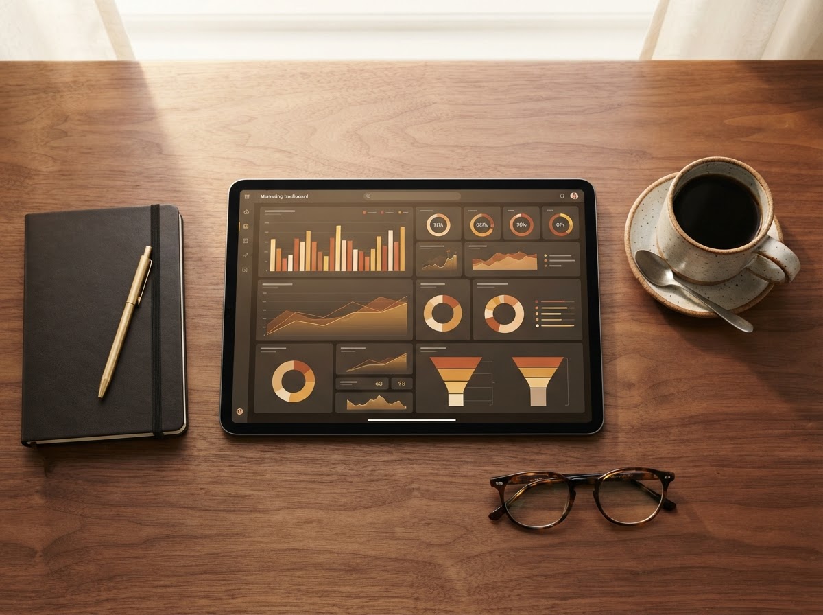 Marketing analytics dashboard on a tablet showing connected systems working together