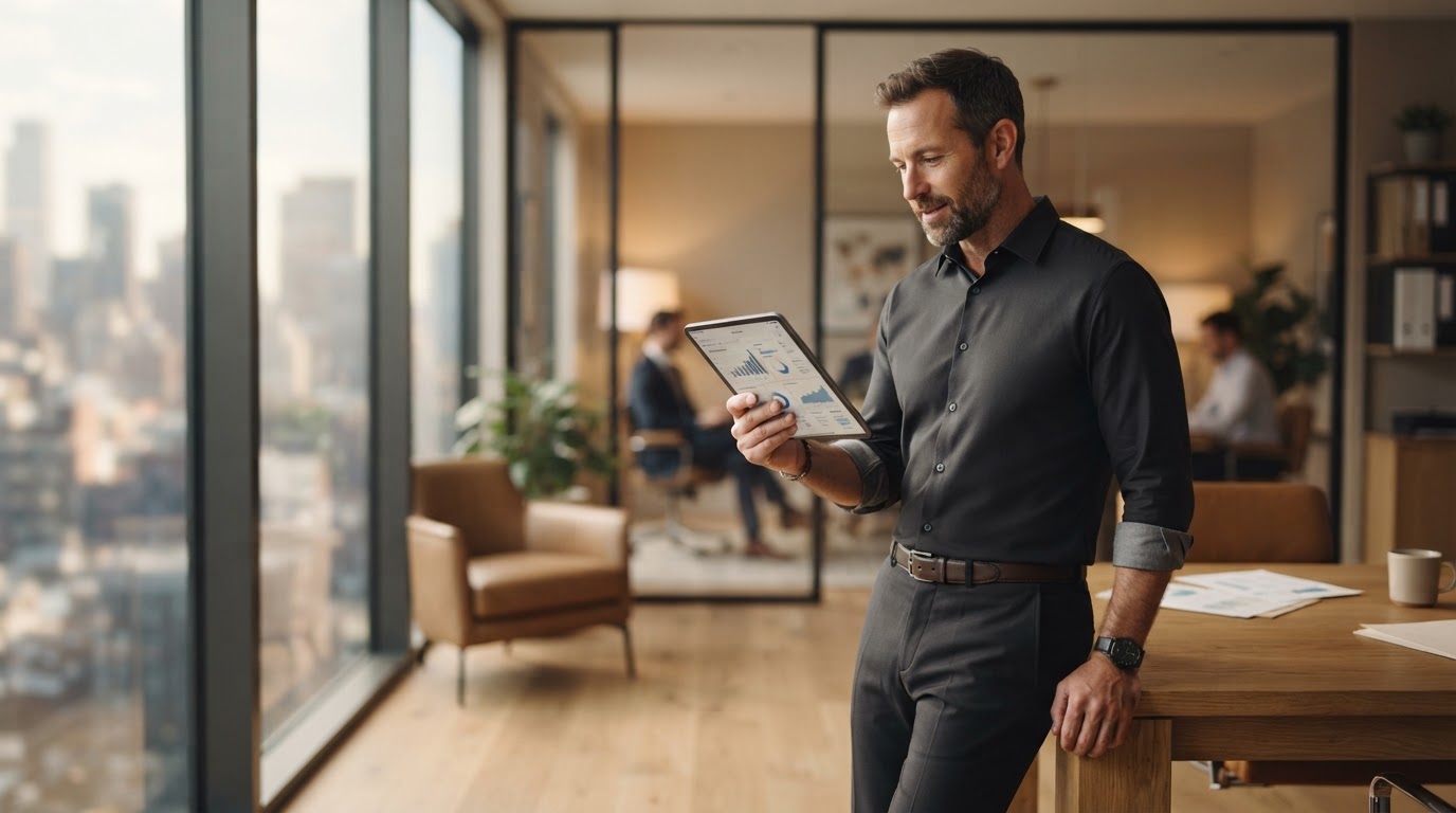 A confident local business owner reviewing marketing analytics on a tablet in a bright modern office