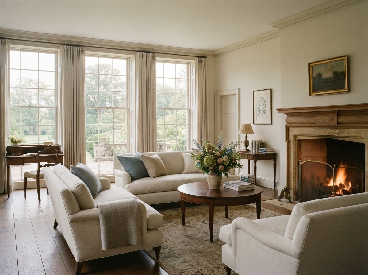 A warm, refined Central Virginia estate interior with soft natural light and classic furnishings