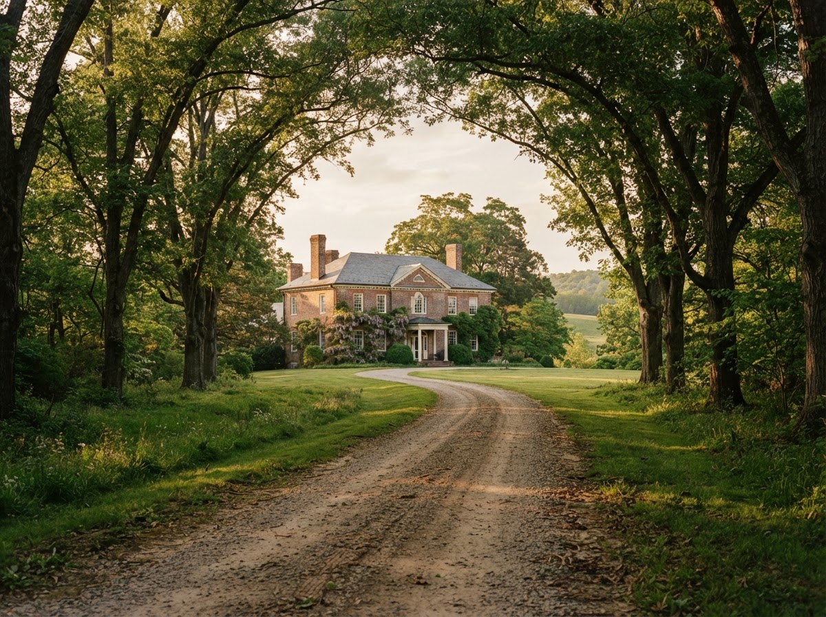 A tree-lined driveway approaching a stately Central Virginia estate