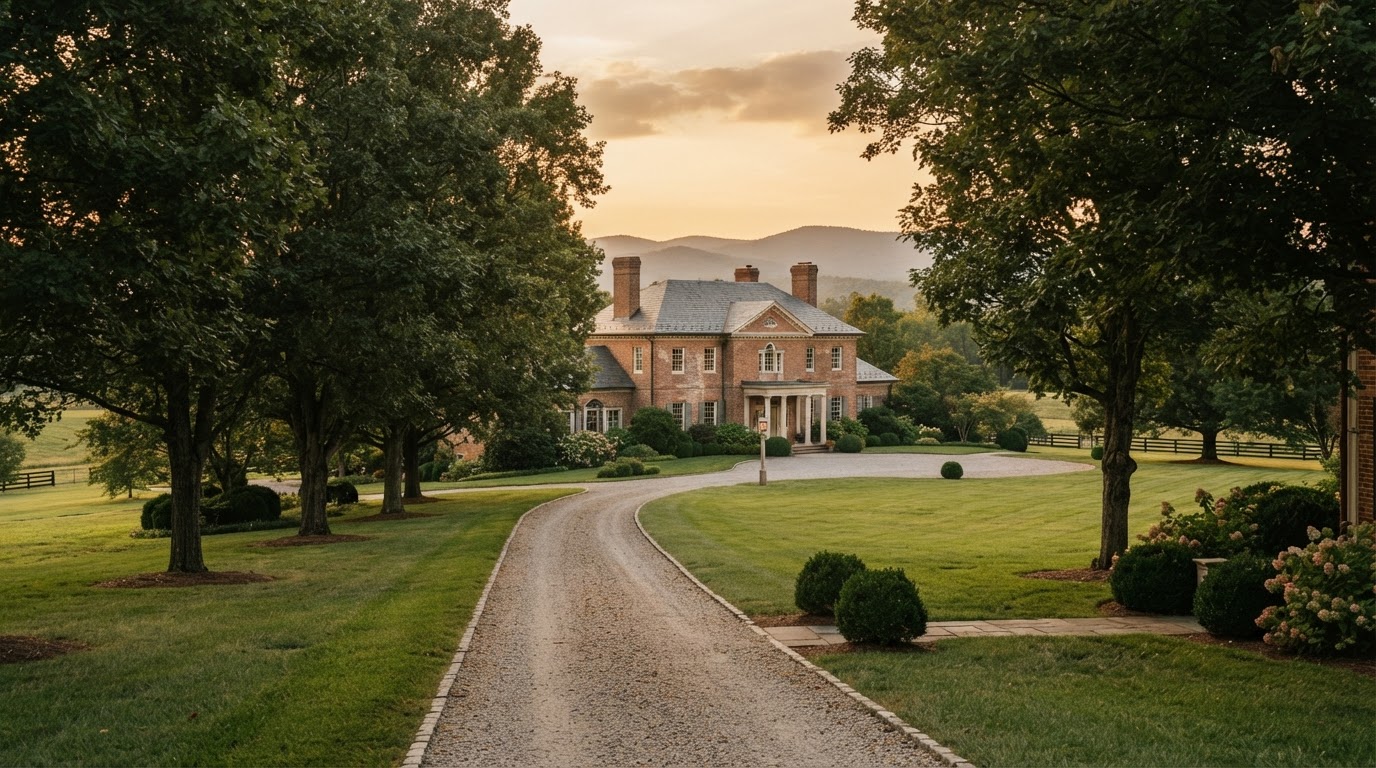 A grand Central Virginia estate among mature trees at golden hour