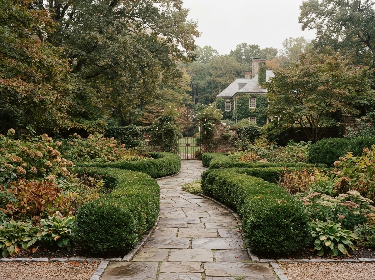 Manicured landscaped grounds with stone paths and boxwood hedges at a Central Virginia estate