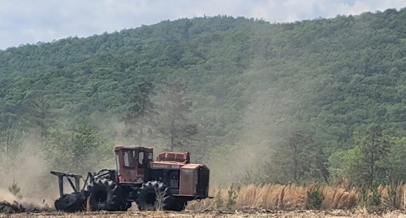 Land-clearing forestry machine actively working in a field with scenic mountain landscape in the background