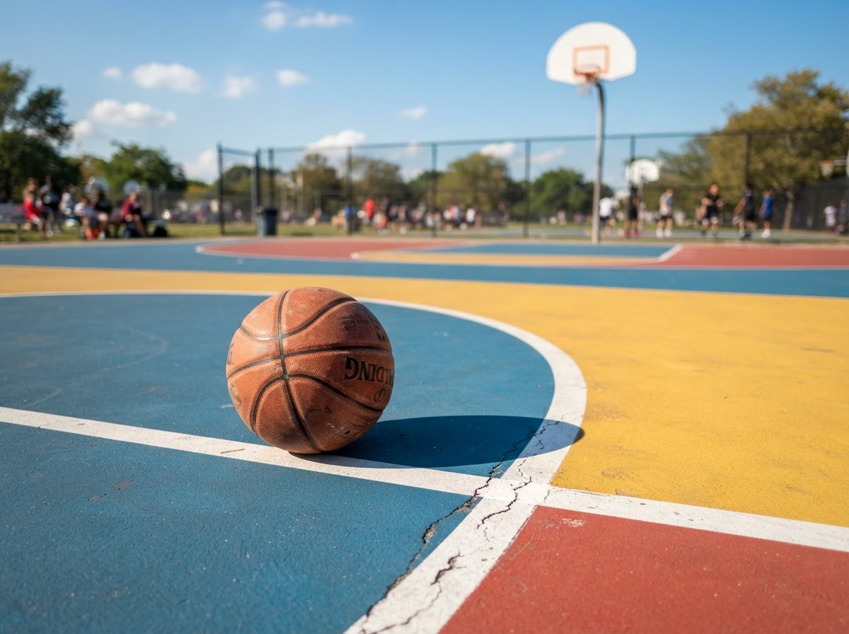Basketball resting near bright white lines on a colorful outdoor court surface during a court builder service in Henderson, NV
