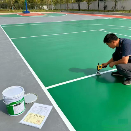 Crew pouring and spreading green court coating evenly across a sport surface during a court builder service in Henderson, NV