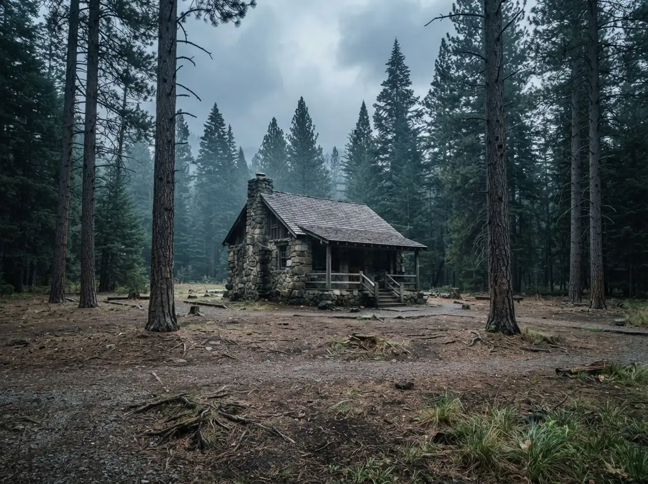 A stone structure in a pine forest with the surrounding ground cleared of ladder fuels