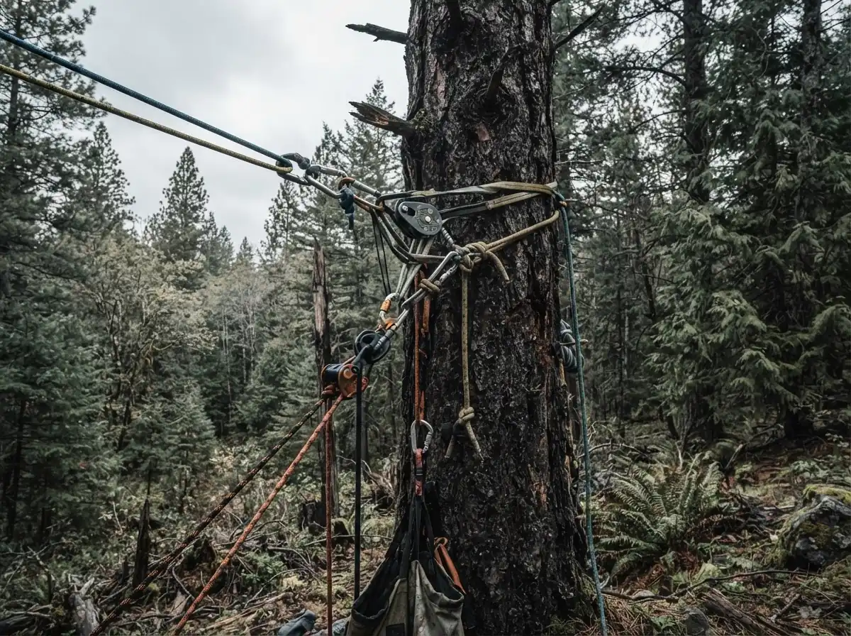 Technical rigging equipment set up on a large hazard tree in a federal recreation area under an overcast sky