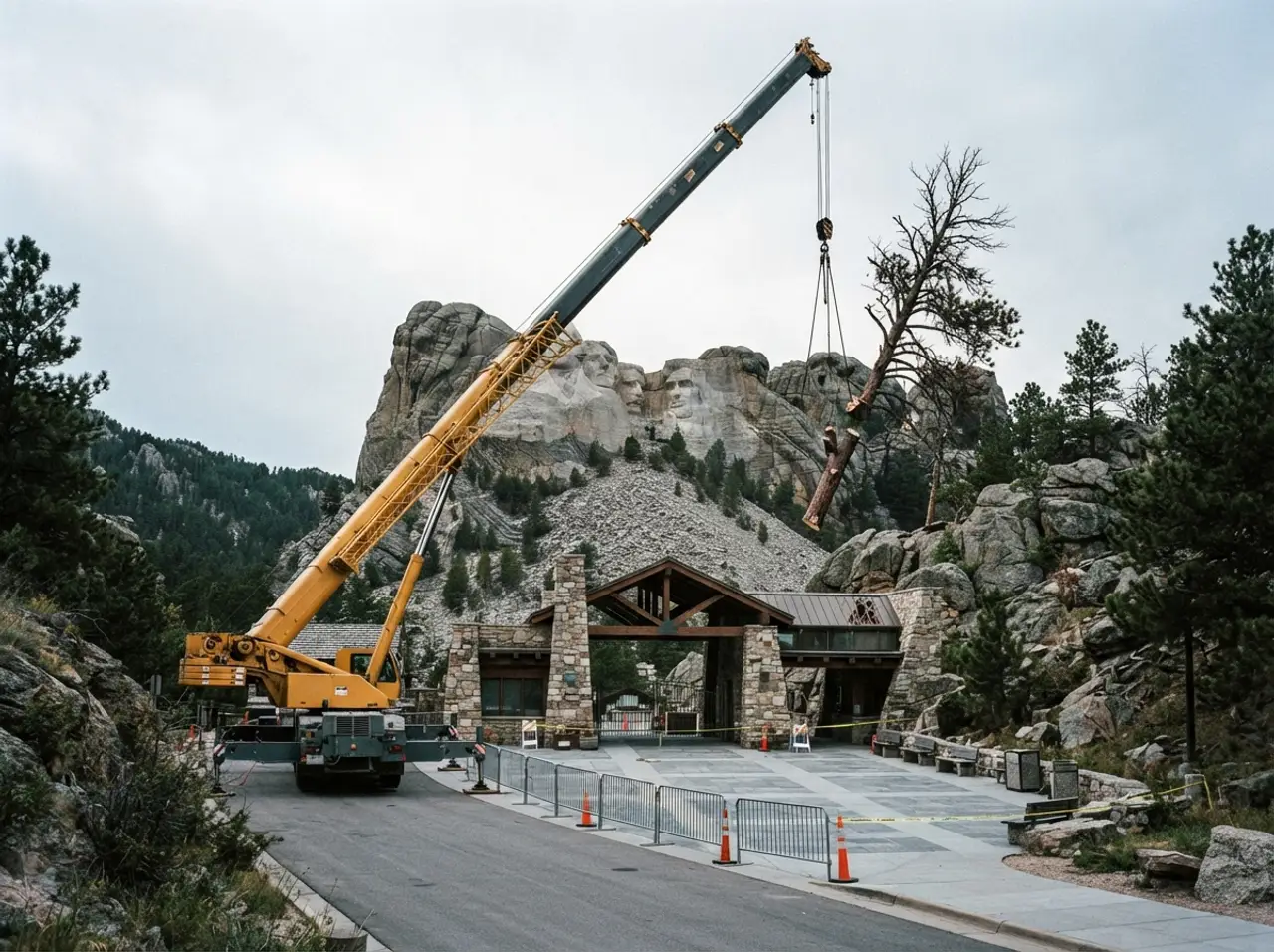 A crane boom extended over an occupied visitor entrance at a federal monument